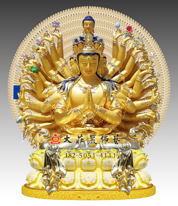 千手观音贴金佛像 西方三圣千手千眼观世音菩萨雕塑